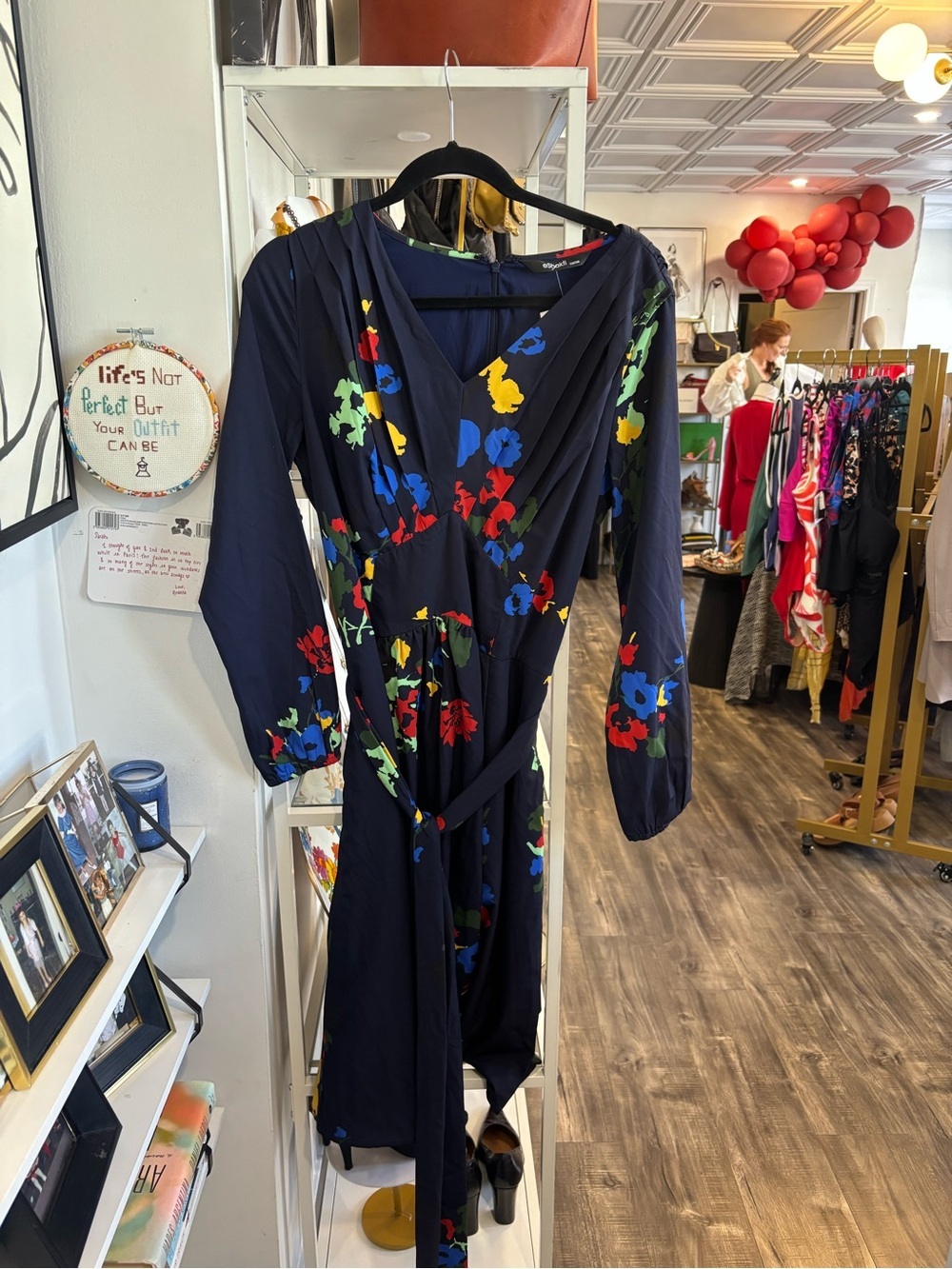 eshakti Navy Floral Wrap Dress with Long Sleeves